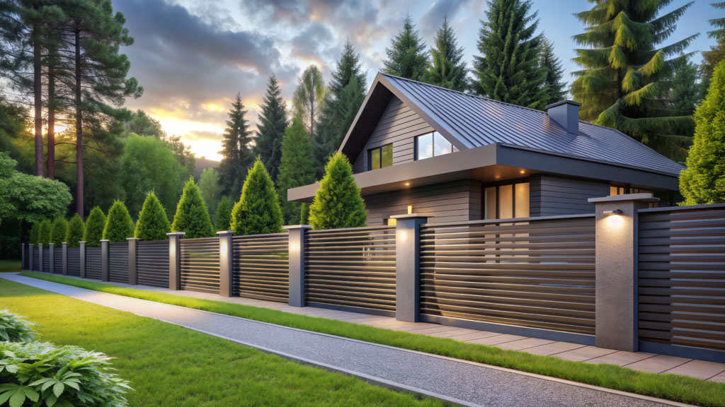 Comparaison clôture bois grisé et aluminium thermolaqué neuf dans jardin français