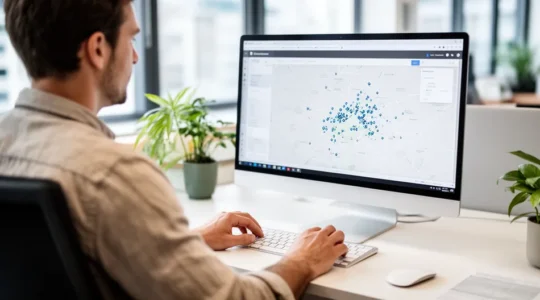 Consultant IT analysant des données de géolocalisation IP sur écran dans un bureau moderne de PME