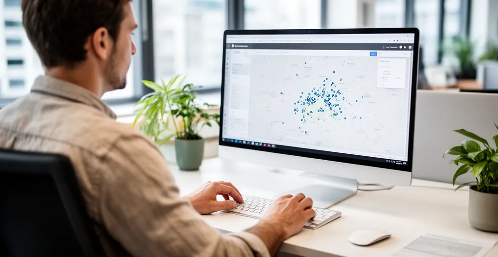Consultant IT analysant des données de géolocalisation IP sur écran dans un bureau moderne de PME