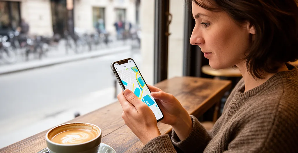 Femme consultant une carte sur smartphone dans un café parisien