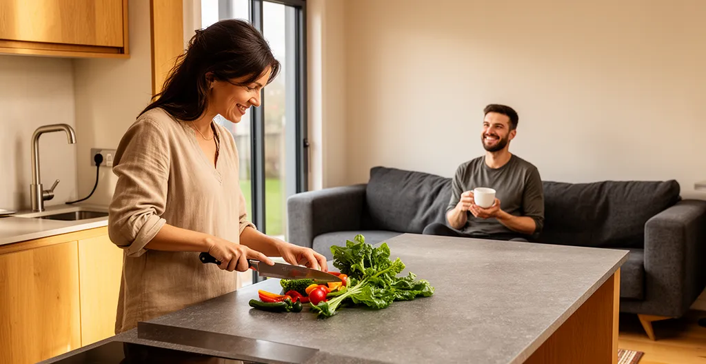 Couple conversant dans cuisine ouverte pendant la cuisson