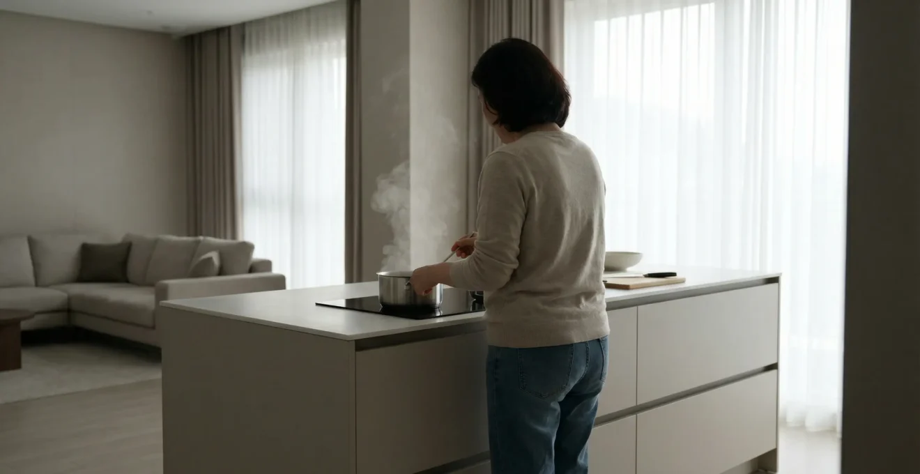 Aspiration intégrée cuisine ouverte avec îlot central et séjour visible