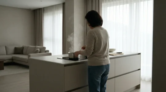 Aspiration intégrée cuisine ouverte avec îlot central et séjour visible