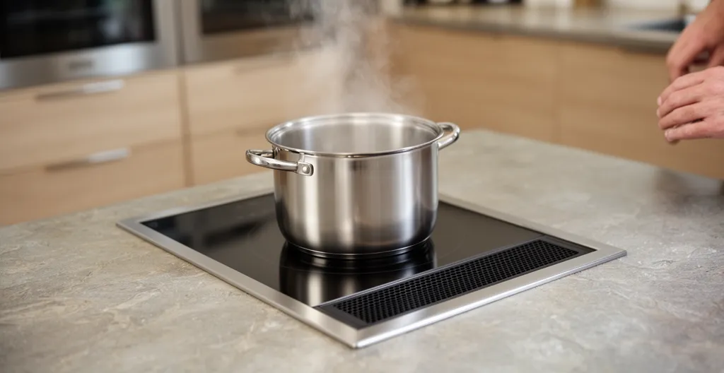 Plaque induction avec aspiration intégrée et casserole en cuisson